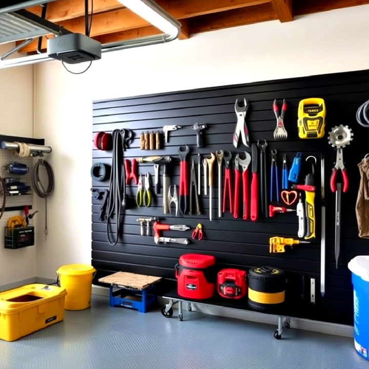 black slat wall for stylish garage tool organization