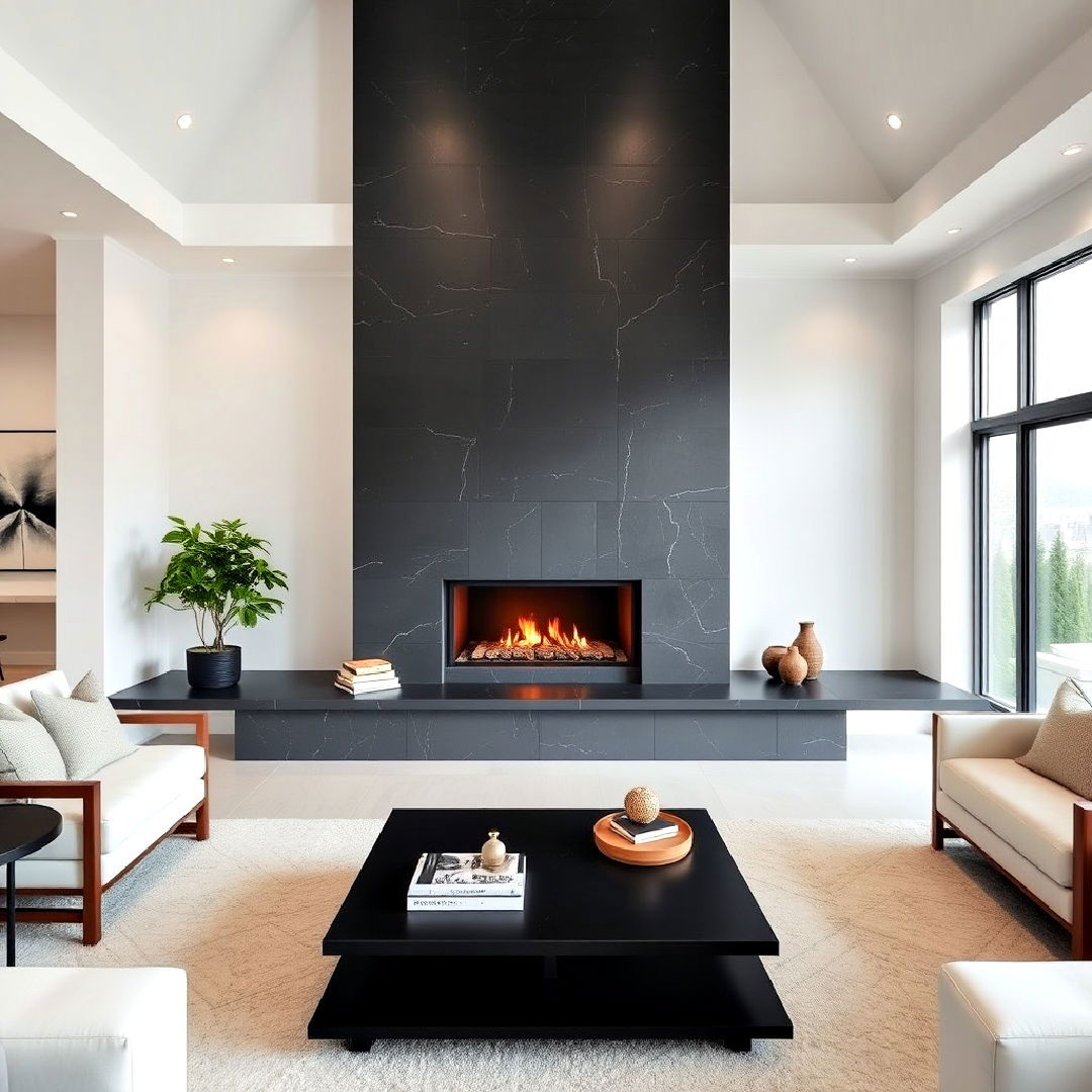 black slate fireplace with a stylish floating hearth