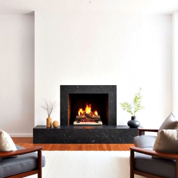 black stone fireplace against a white wall