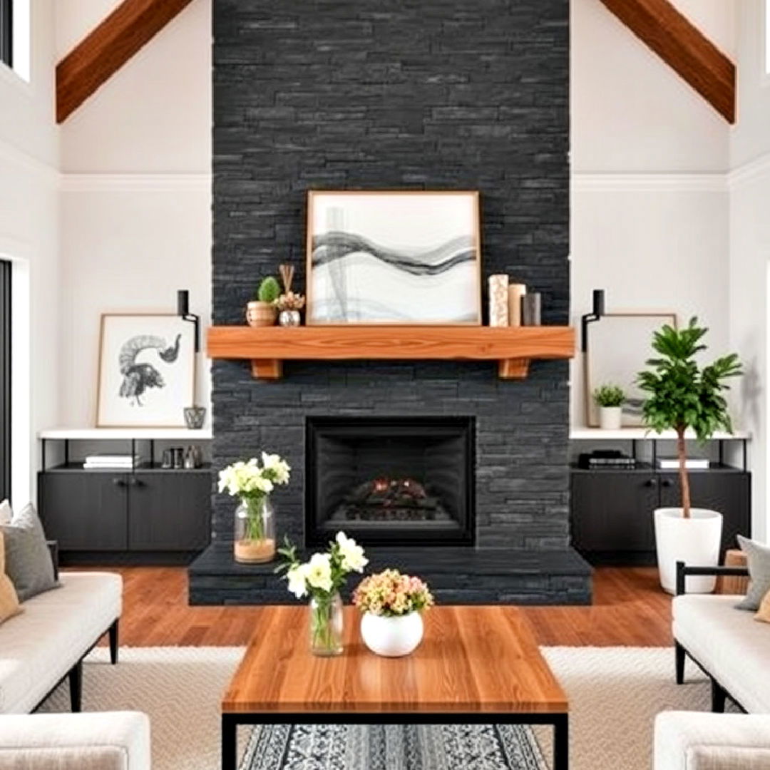 black stone fireplace with a rustic reclaimed wood mantel