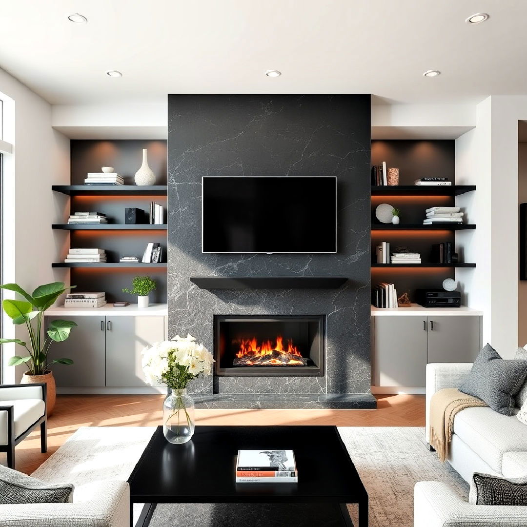 black stone fireplace with built in shelving for a stylish display