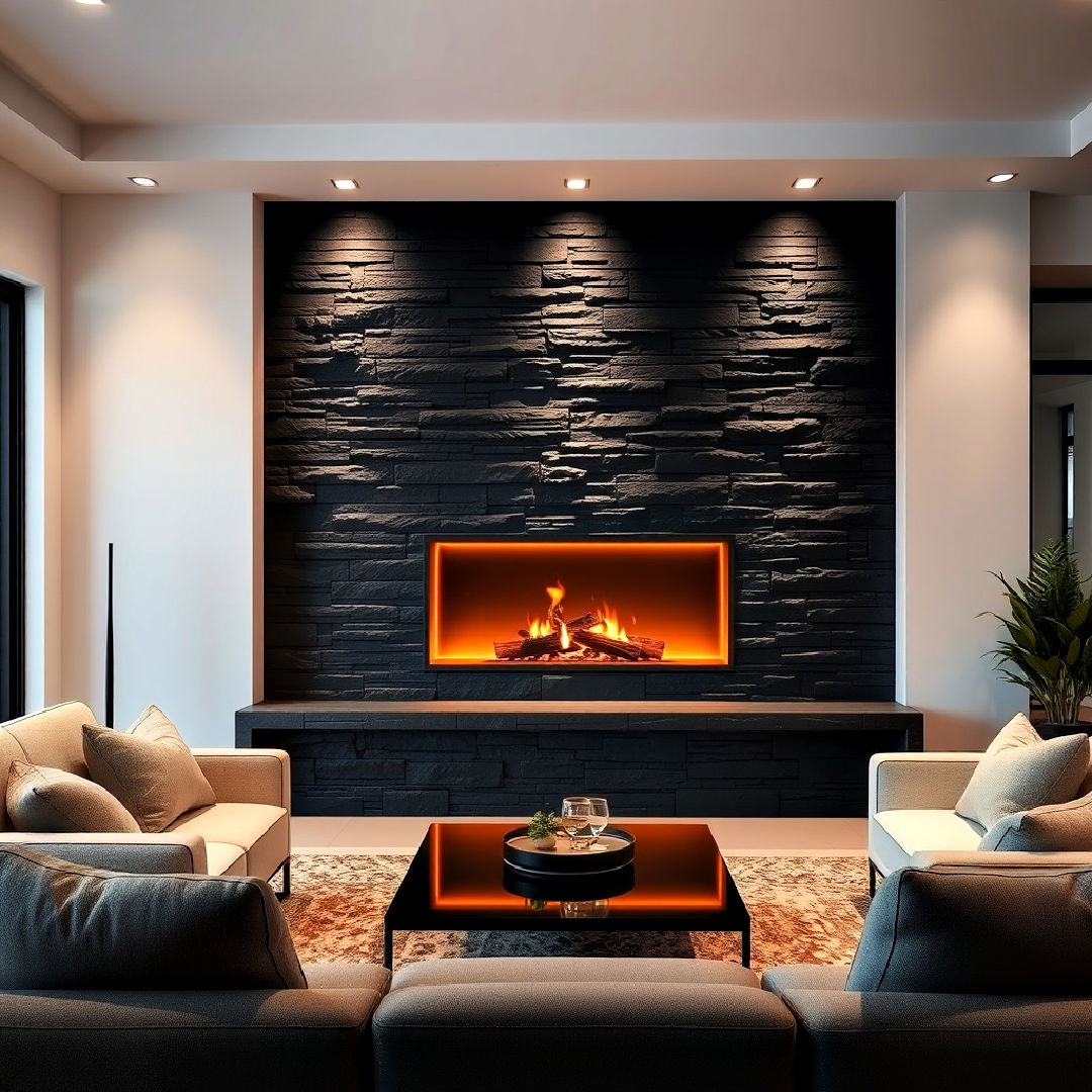 black stone fireplace with led lighting for a soft glow