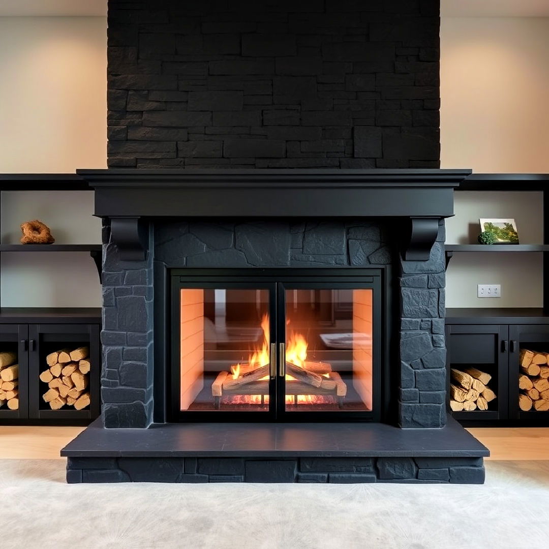 black stone fireplace with stylish glass doors