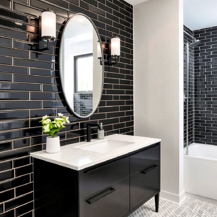 black tile feature wall bathroom