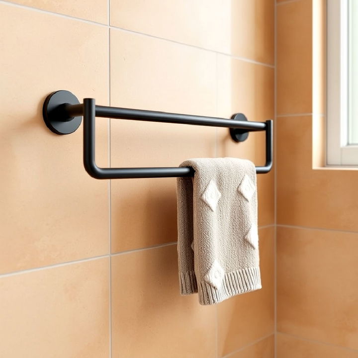 black towel racks with warm tone background