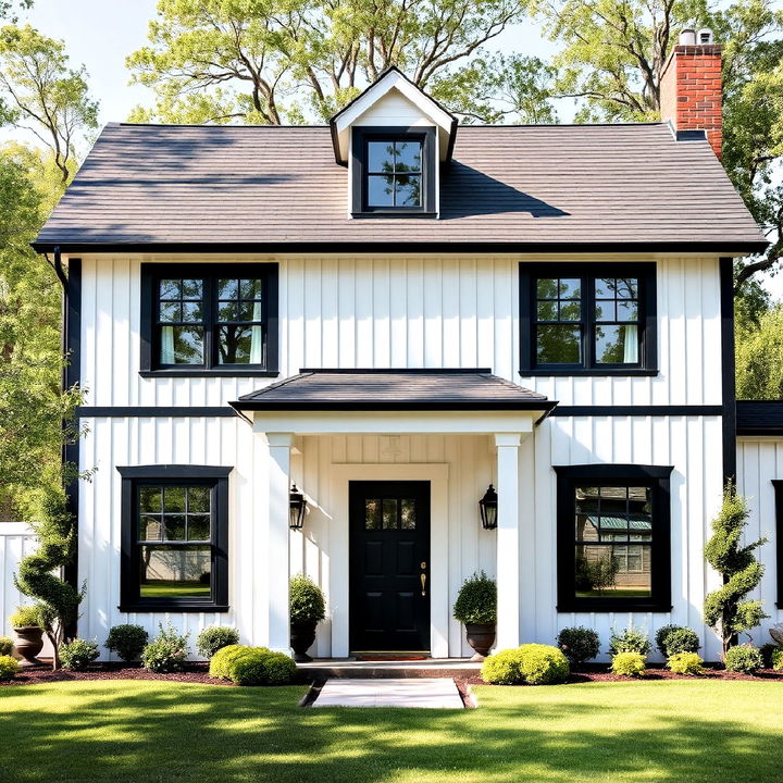 black trim on white board and batten siding