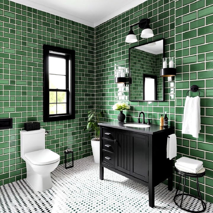 black vanity with bold and modern green tiled bathroom