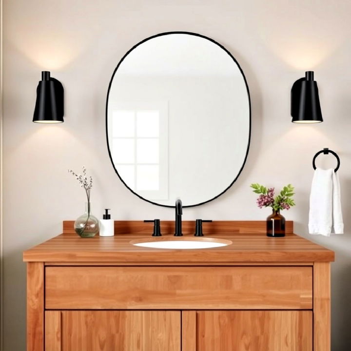 black wall sconces with wooden vanity