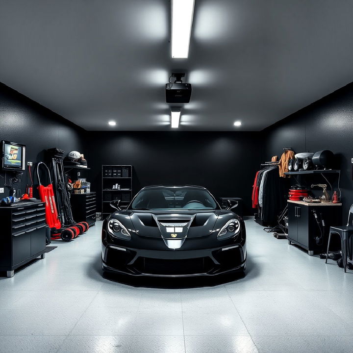 black walls with bright lighting create a well lit garage space