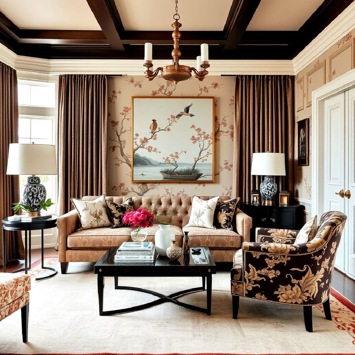 blend east and west upholstered seating in chinoiserie living room