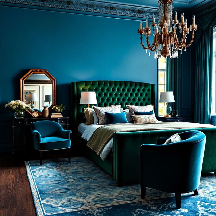 blue and green bedroom velvet upholstery