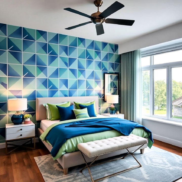 blue and green geometric pattern bedroom wallpaper