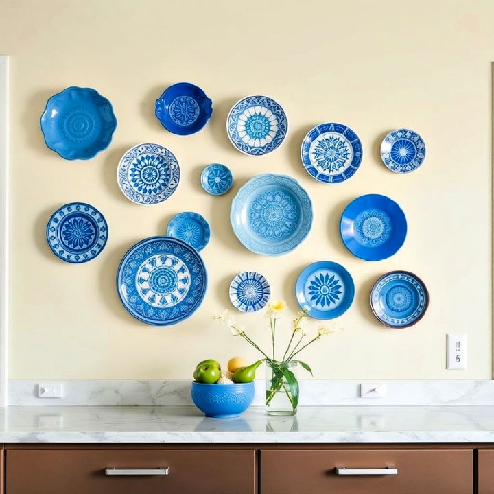 blue decorative plates on wall for kitchen s style