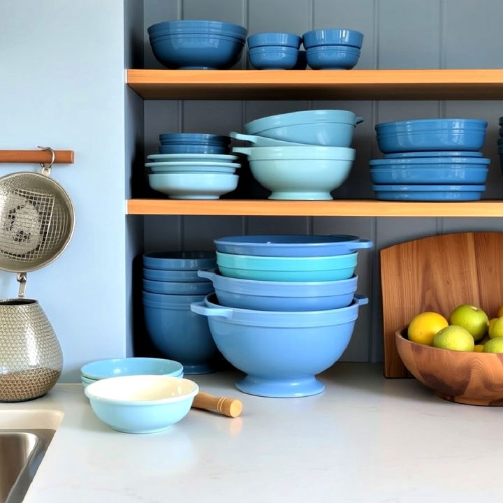 blue mixing bowls kitchen decor