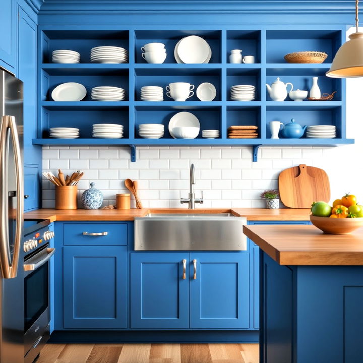 blue open shelving for kitchen