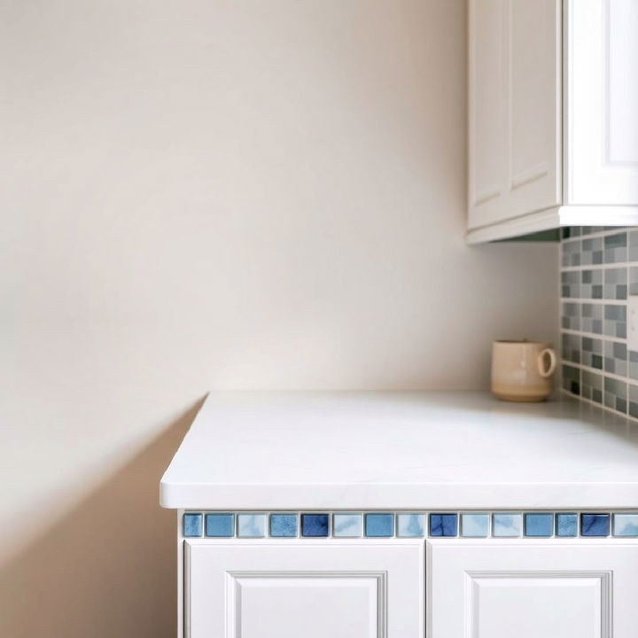 blue tile trims around kitchen countertop