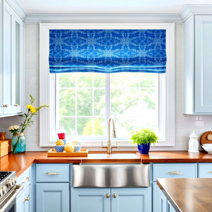 blue window treatments for kitchen décor