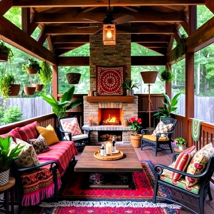 bohemian covered deck with fireplace