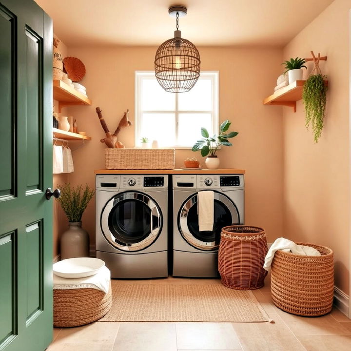 boho laundry room with an earthy color palette