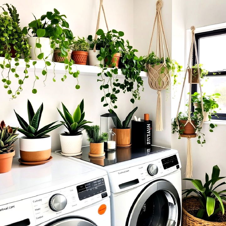 boho laundry room with potted plant decor