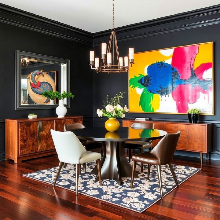 bold artwork to contrast with dark wood floors