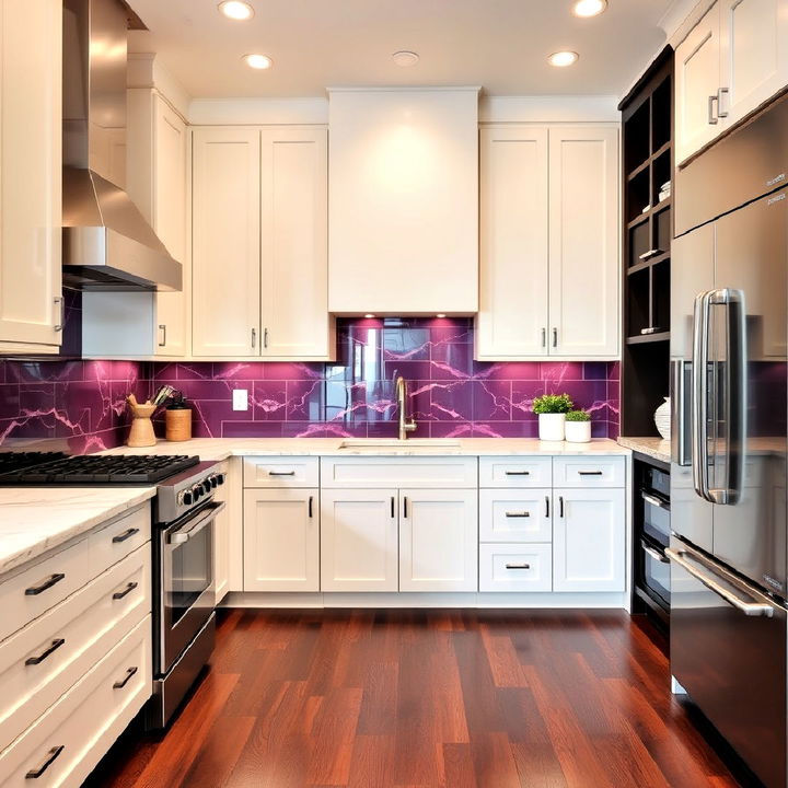 bold backsplash kitchen with dark wood flooring