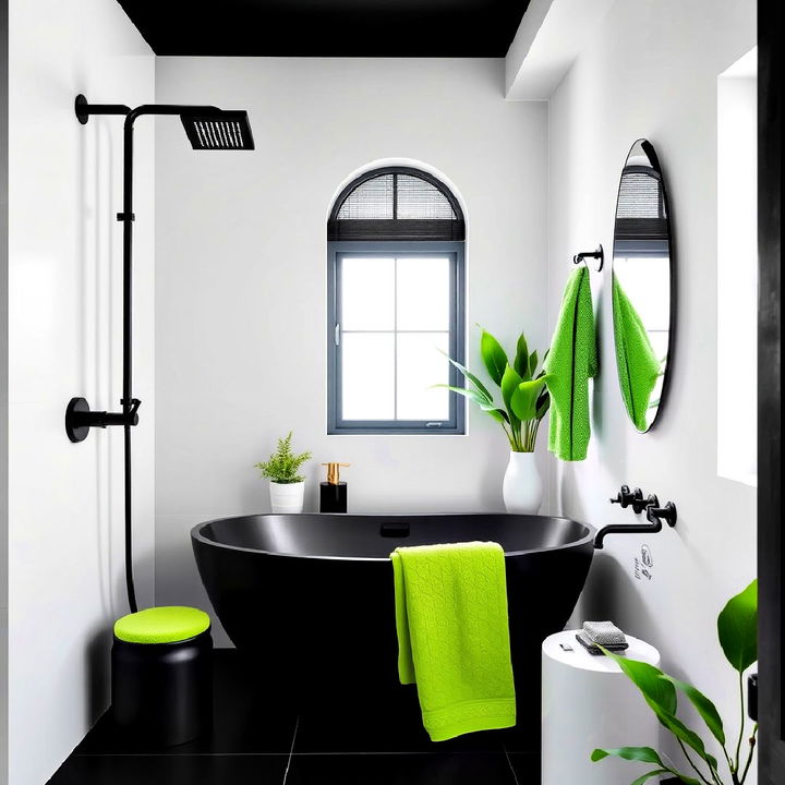 bold black fixtures with green accents for minimalist bathrooms