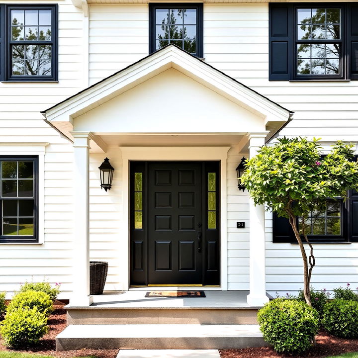 bold black front door with white siding