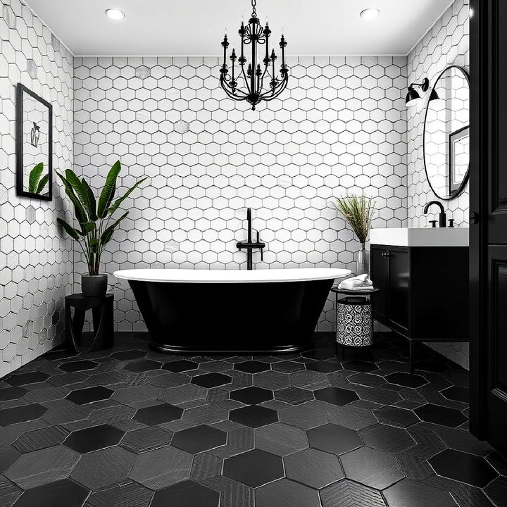 bold black hexagon tiles on the floor