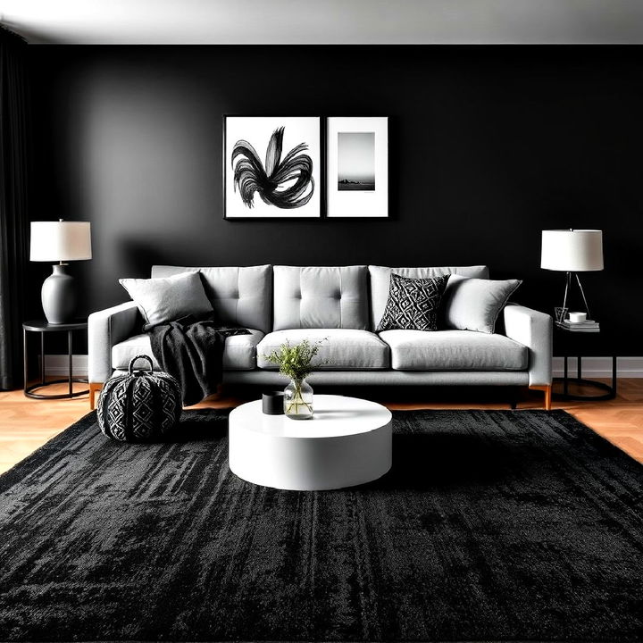 bold black rug goes with a grey couch