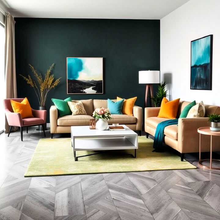 bold color accents with grey floor