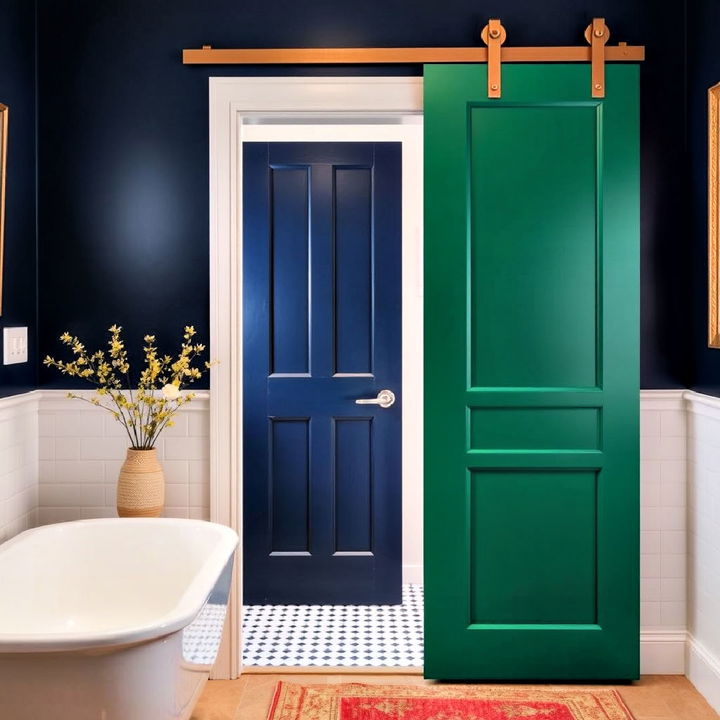 bold colored stylish bathroom barn door