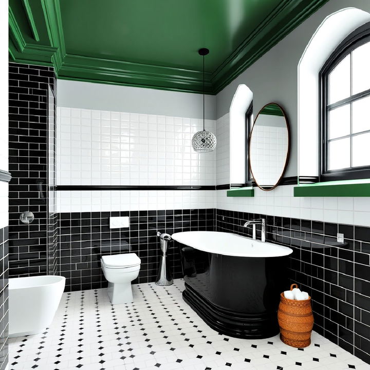 bold green ceiling for a black and white bathroom