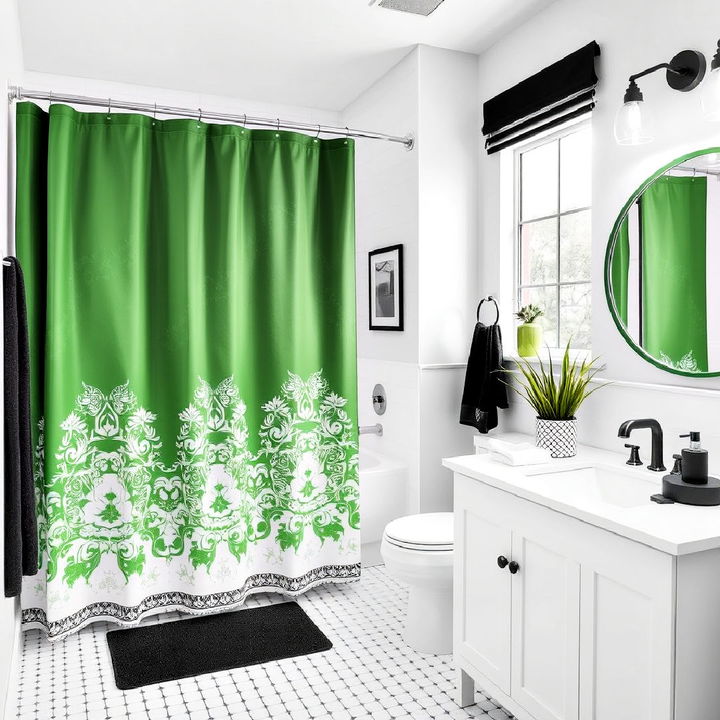 bold green shower curtain with black and white decor