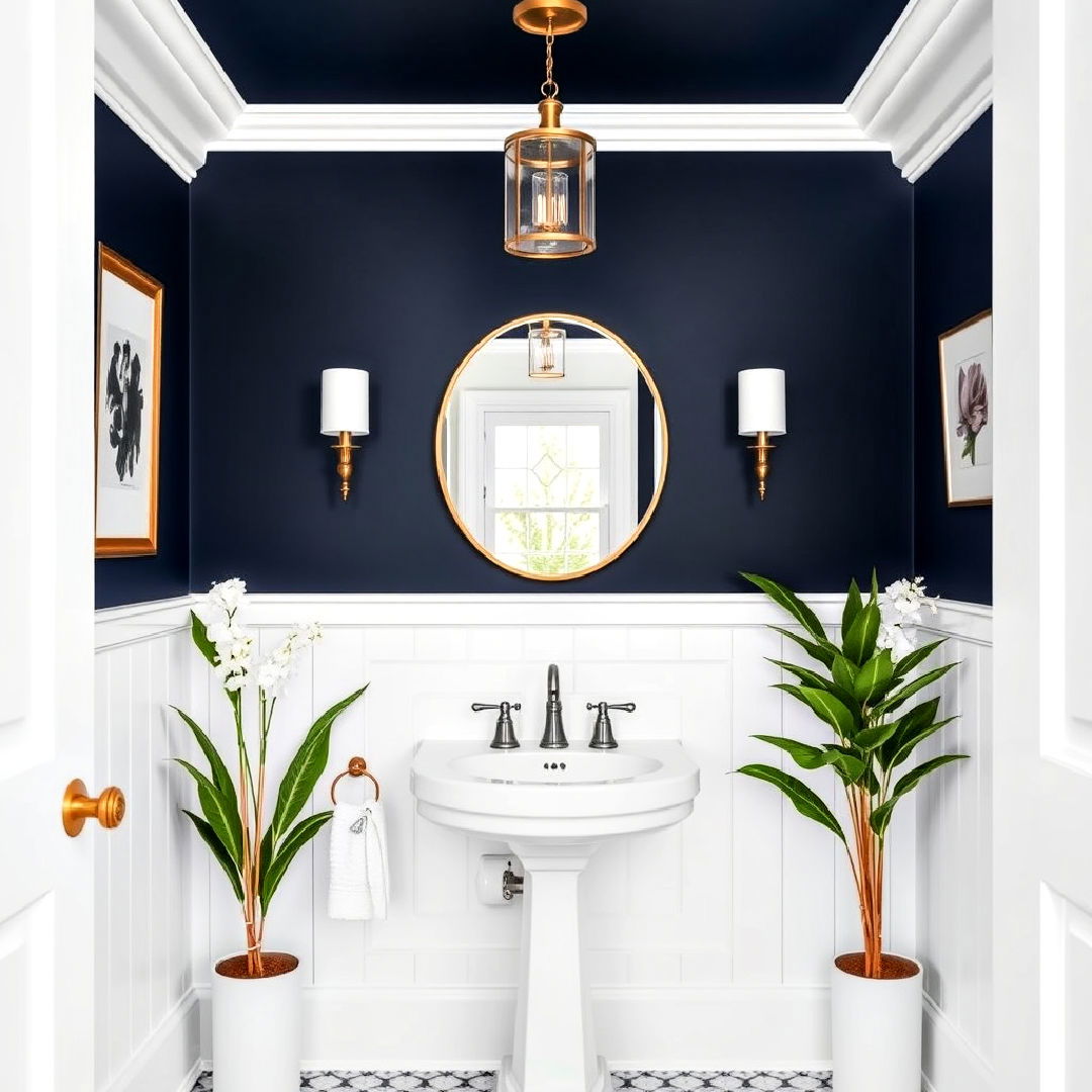 bold navy blue ceiling for added drama in powder room