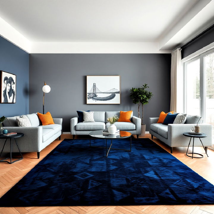 bold navy blue rug goes with a grey couch