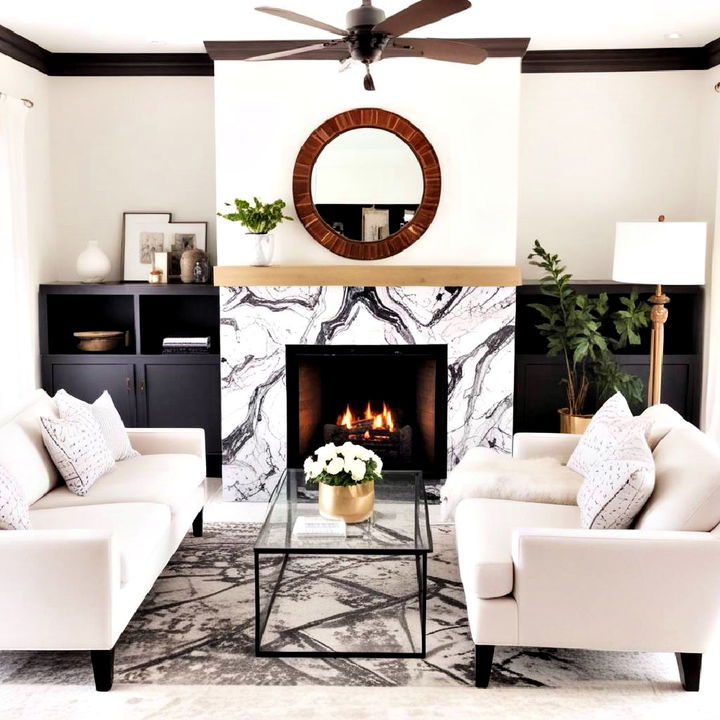 bold patterned quartz fireplace surround