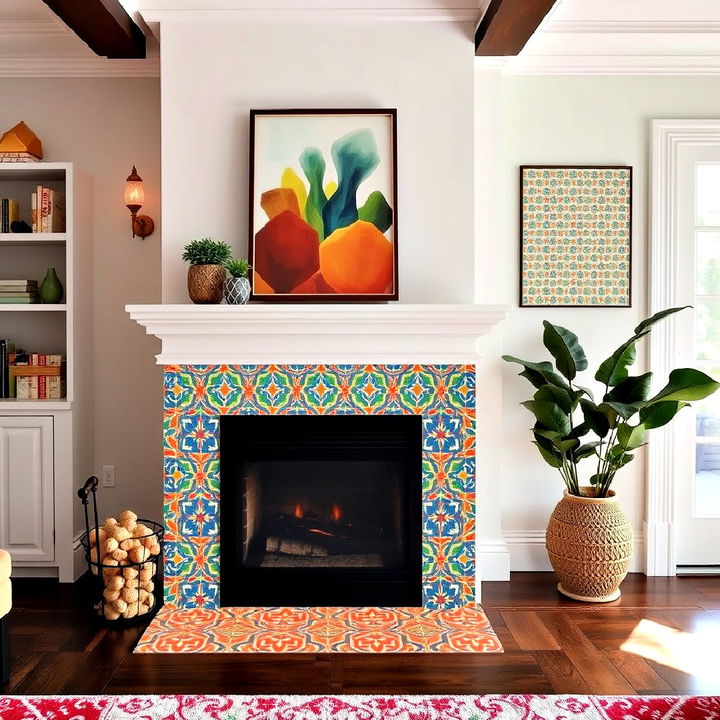 bold patterned tiles fireplace