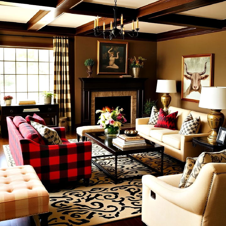 bold plaid pattern upholstered sofa