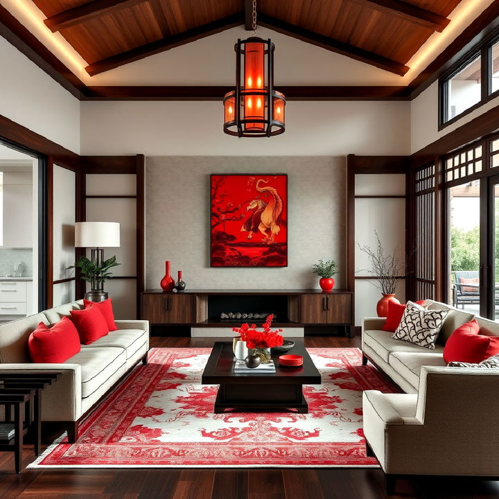 bold red accents asian living room