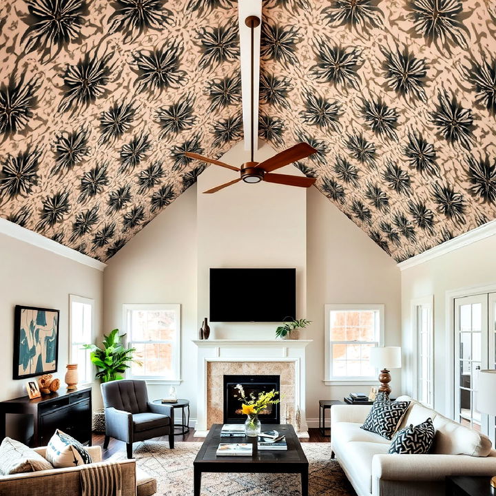 bold wallpaper accent vaulted ceiling for living room