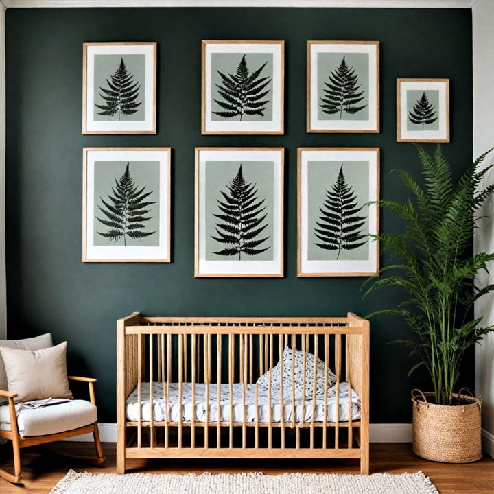 botanical prints on dark green nursery walls