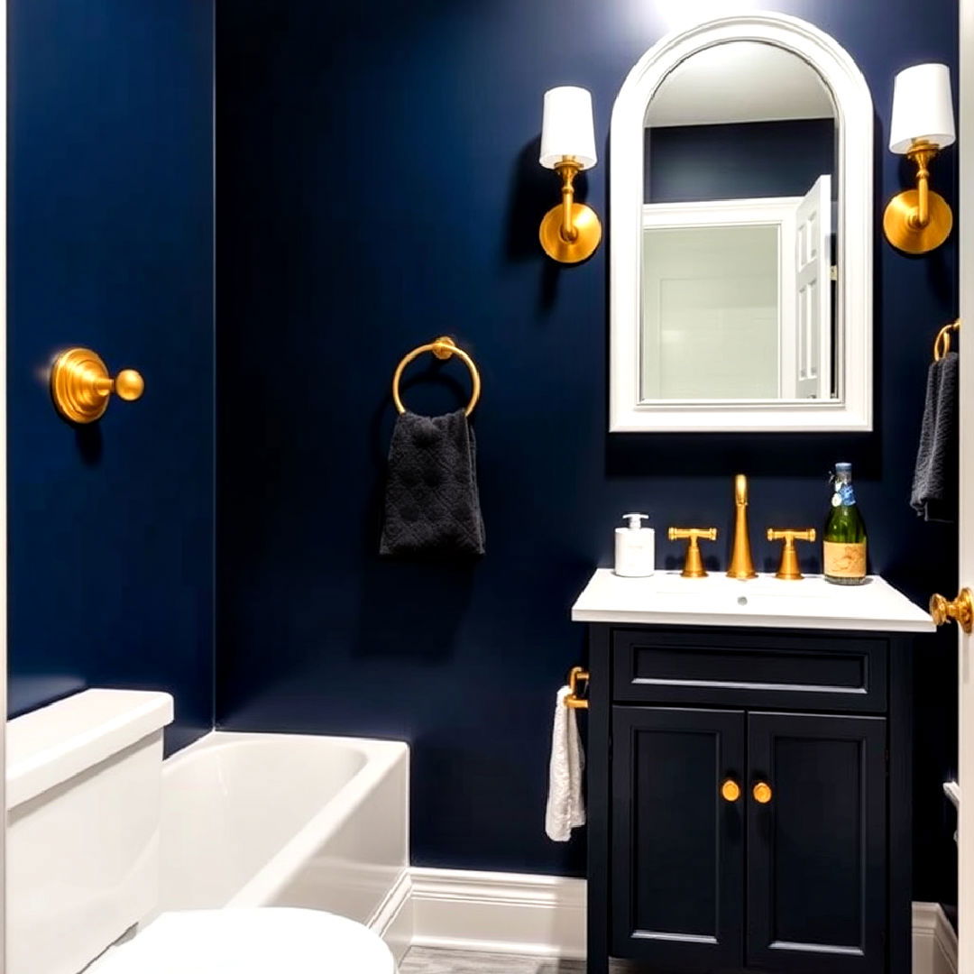 brass accents paired with deep navy walls