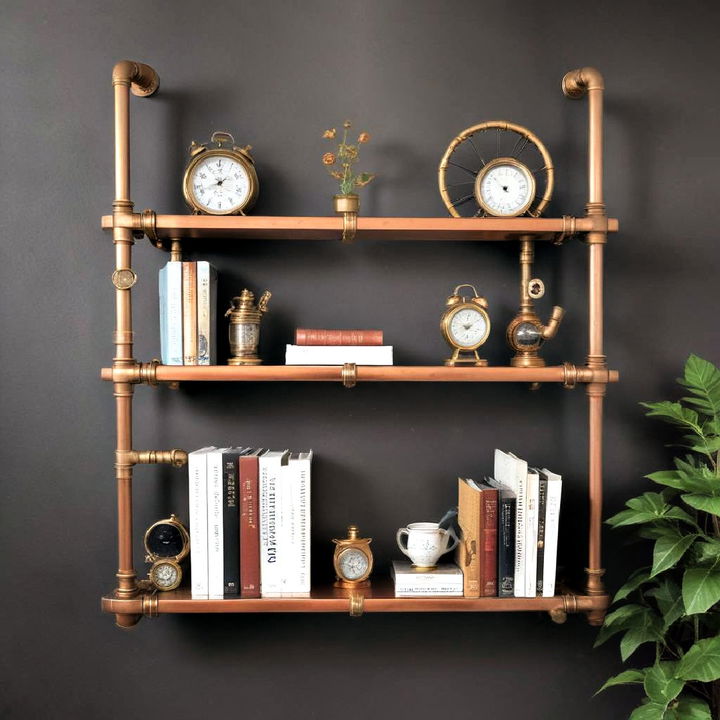 brass pipe shelving to display books or trinkets