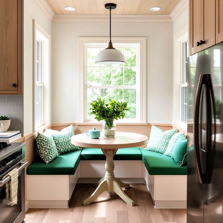 breakfast nook with emerald green seating