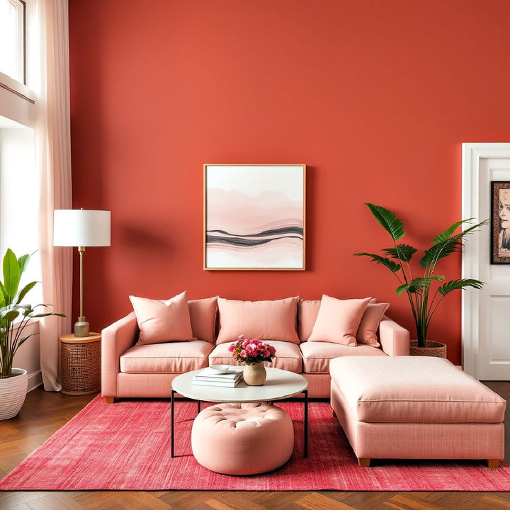 brick red and pale pink living area