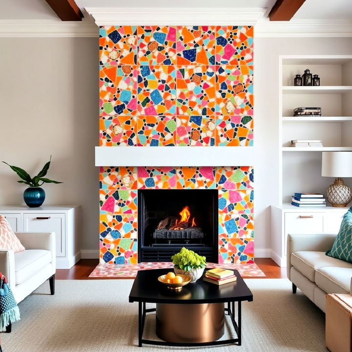 brightly colored terrazzo tiles fireplace