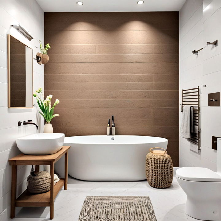 brown accent walls with white tiles bathroom