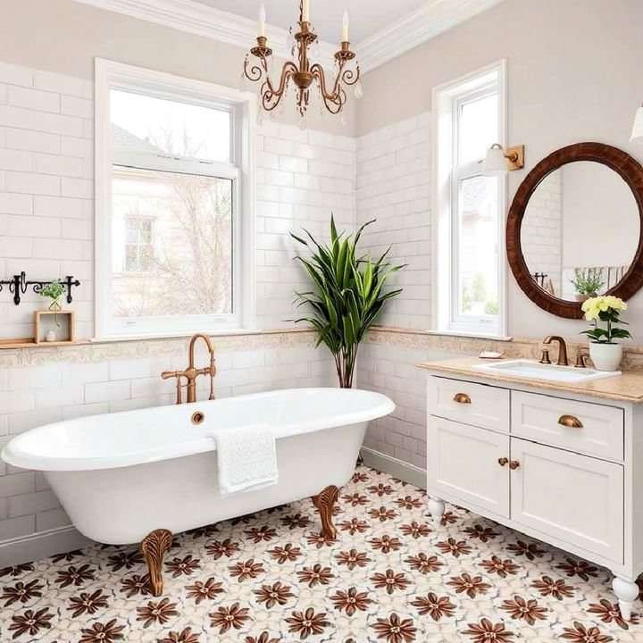 brown and white patterned bathroom floor tiles