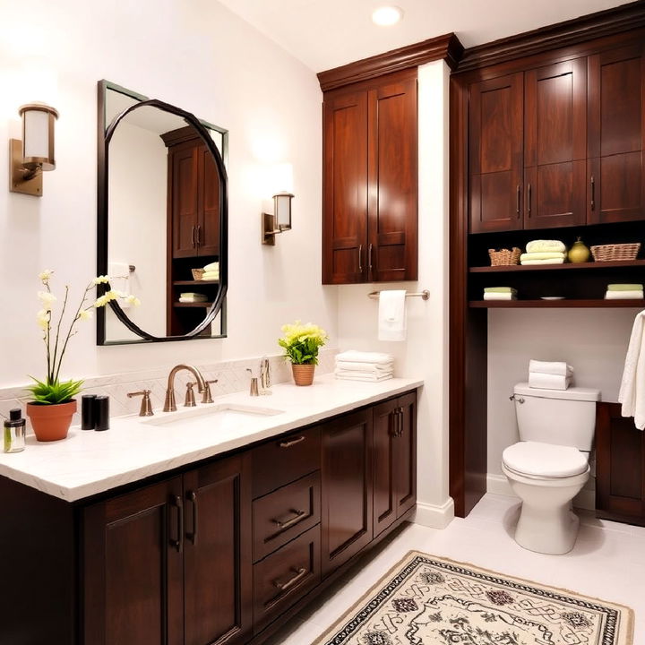 brown cabinetry with white walls for bathroom